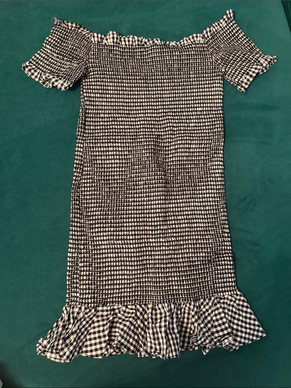 Wayf Black and White Gingham Off-Shoulder Mini Dress